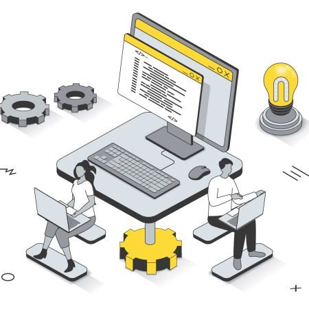 Software programming concept in 3d isometric outline design. Development team programs, tests and optimizes computer programs, works in office, line web template. Illustration with people scene